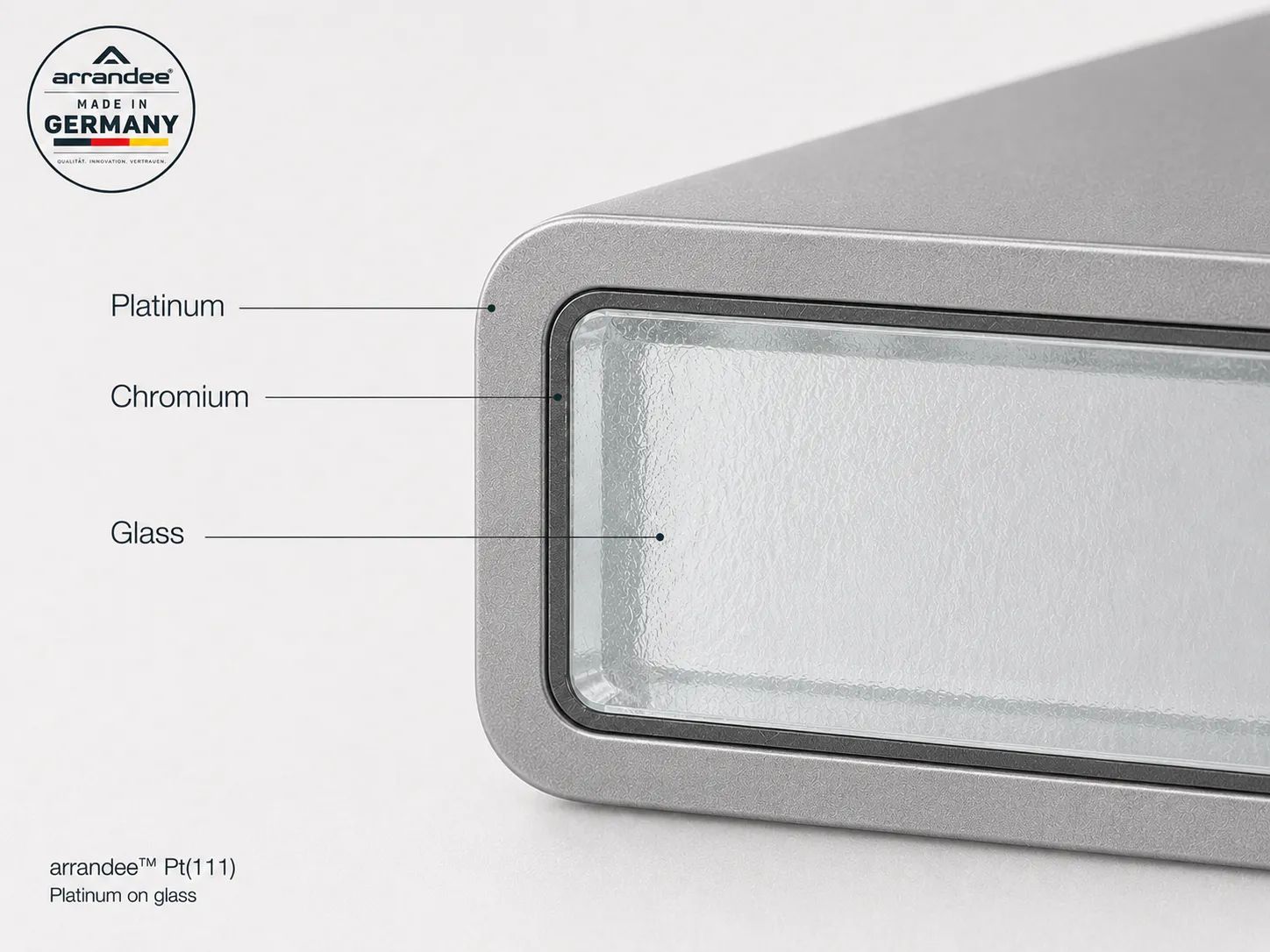 Cross section of a platinum-coated glass substrate showing platinum, chromium and borosilicate glass