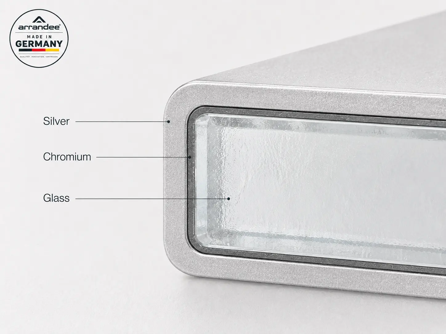Cross section of a silver-coated glass substrate showing silver, chromium and borosilicate glass